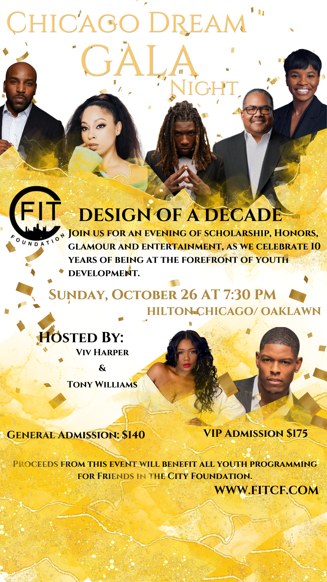 Gala night event poster with hosts and details.